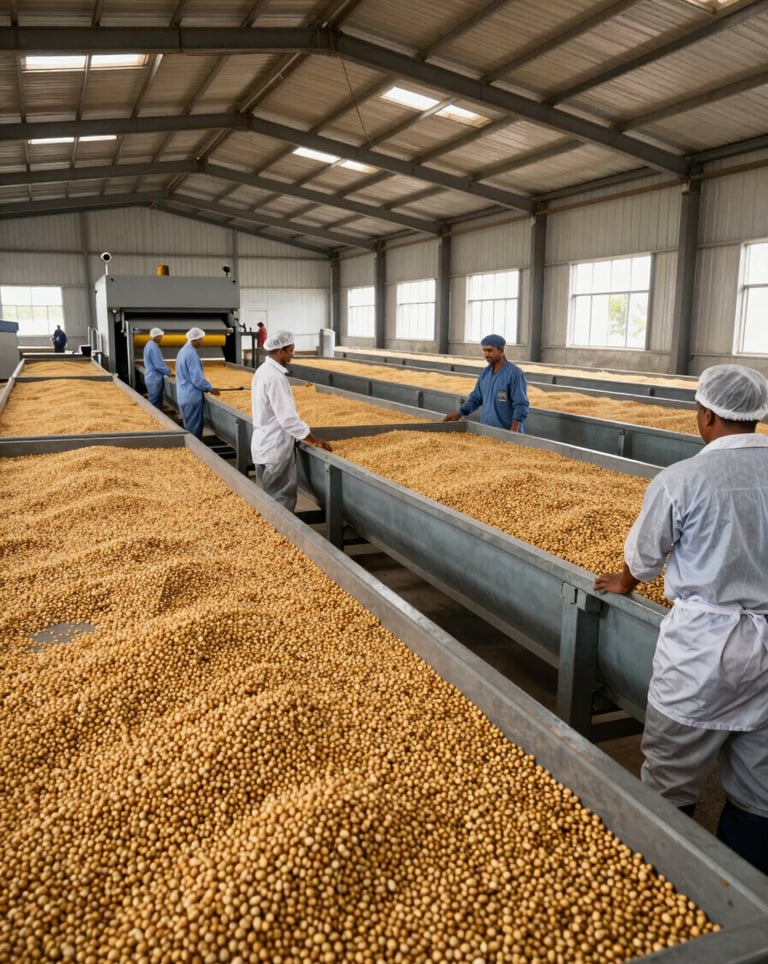 A panoramic interior shot of a well-lit, industrial Makhana processing unit in Bihar, showing workers in hygienic gear and rows of high-quality produce.