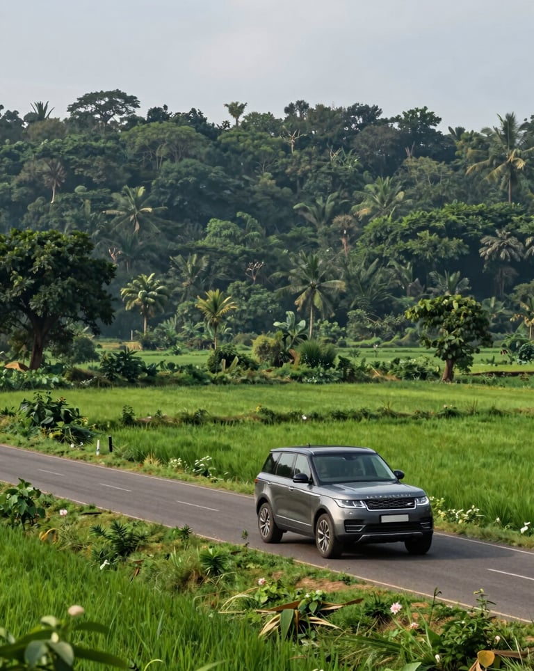 A luxury SUV driving through a picturesque rural road in South Asian / Indian landscape near Lakhisarai, with lush green fields and deep forest green trees in the background.
