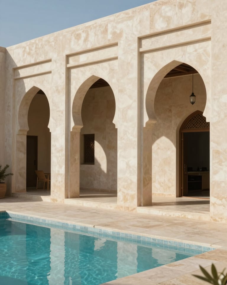 Photography of a luxury modern riad exterior in a North African / Moroccan setting. Clean Ivory lines, Sand-colored stone walls, and a minimalist swimming pool.