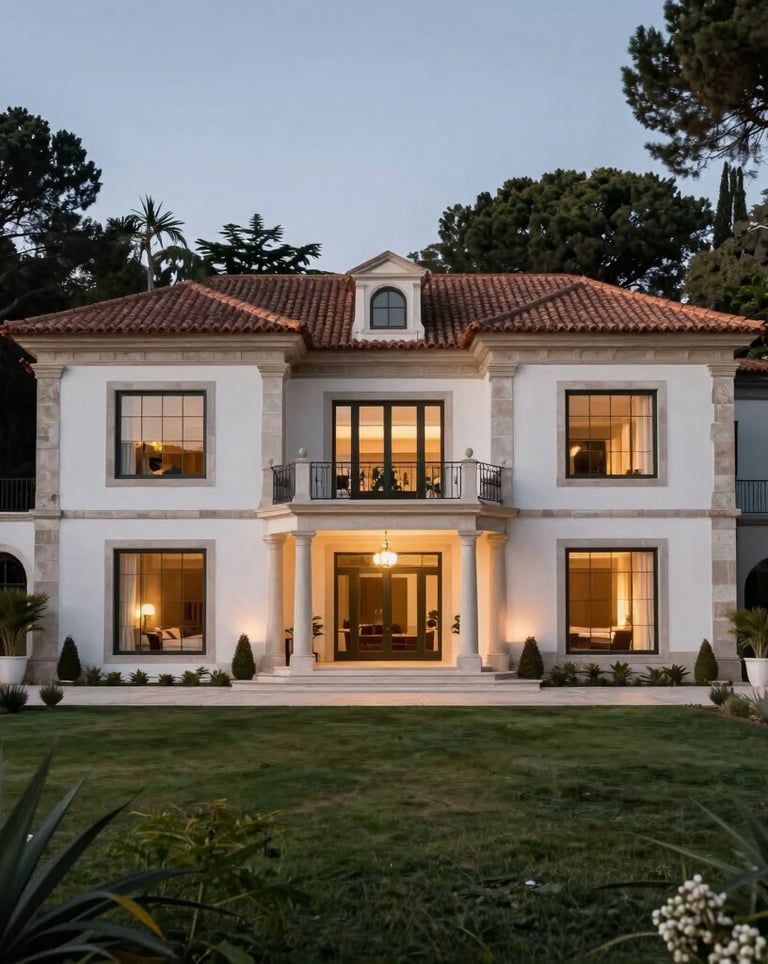 Exclusive estate in Portugal featuring historical grandeur combined with contemporary luxury architectural elements, lush surroundings, twilight lighting.