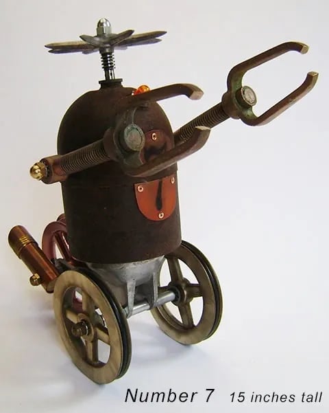 Assemblage robot sculpture named Number 7 by Santa Barbara artist Tal Avitzur.