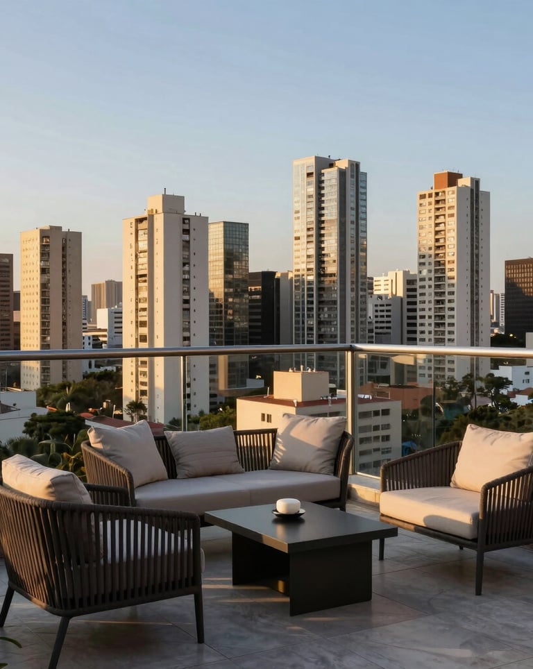 Breathtaking view from a high-floor balcony overlooking the São Paulo skyline during the golden hour. Luxury terrace with modern outdoor furniture.