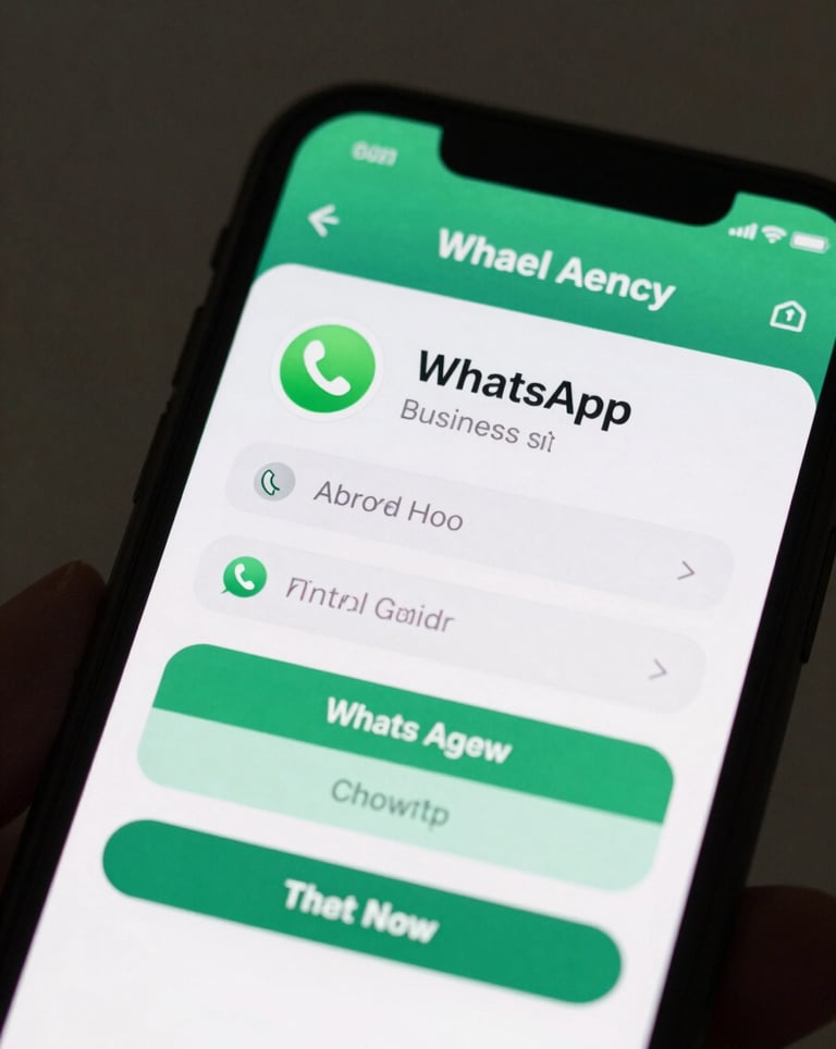 A close-up shot of a smartphone screen showing a professional WhatsApp business profile for a travel agency, with automated reply buttons visible. Professional aesthetic.