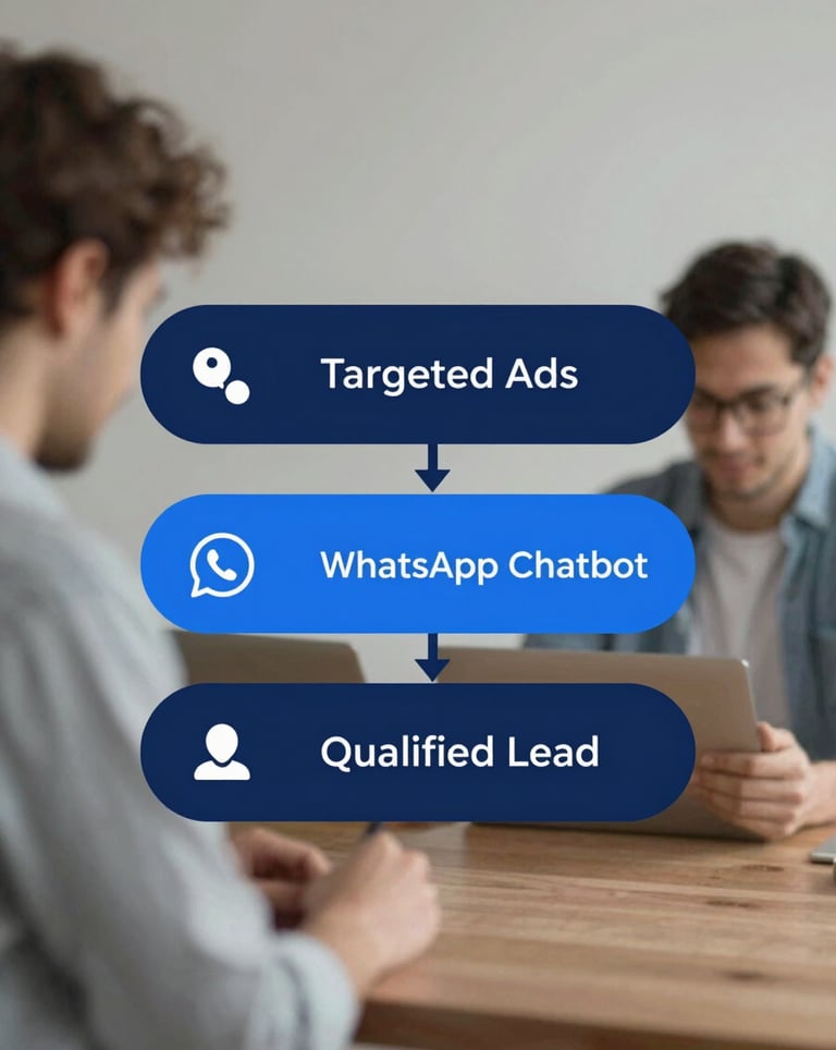 A professional infographic showing a 3-step process: Targeted Ads -> WhatsApp Chatbot -> Qualified Lead, in shades of #2C7DA0 and #0F2C3D.