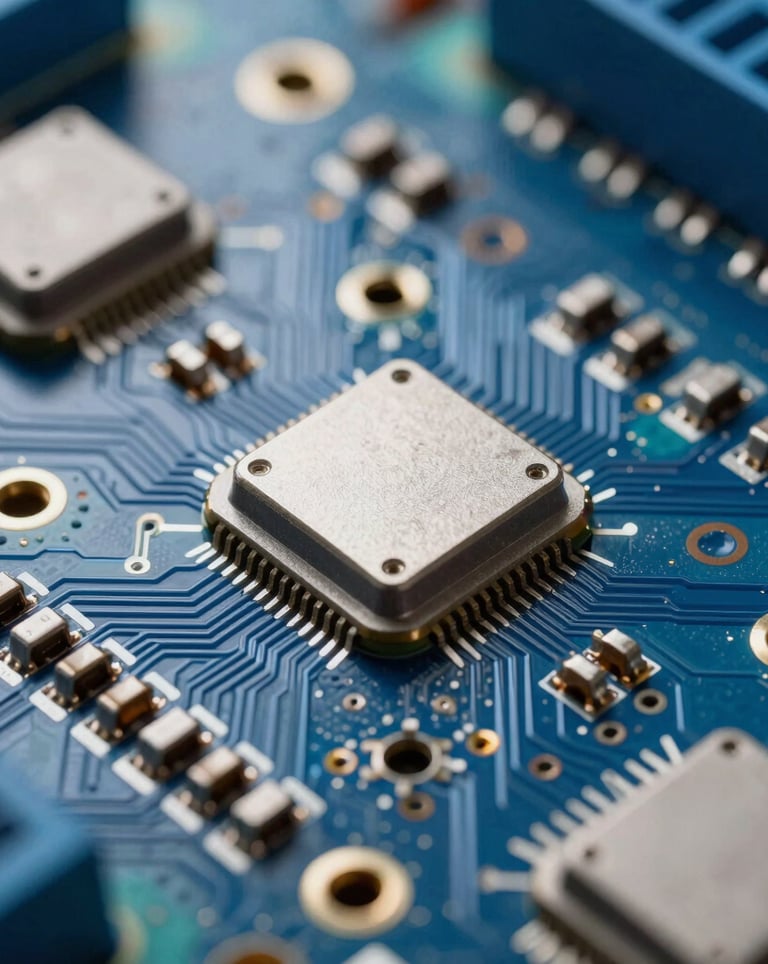 Macro photography of advanced electronic circuitry and instrumentation sensors, featuring blue and silver tones, highlighting technical precision in electrical services.