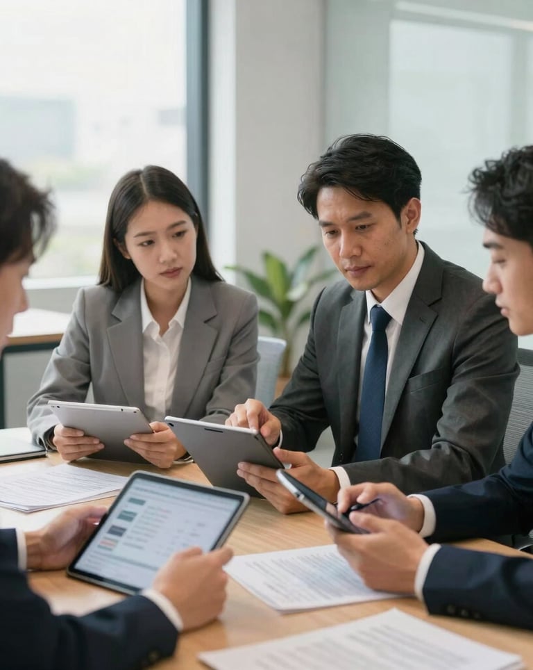 A group of Southeast Asian professionals in a brightly lit, modern office meeting room, discussing business strategies over digital tablets and documents.