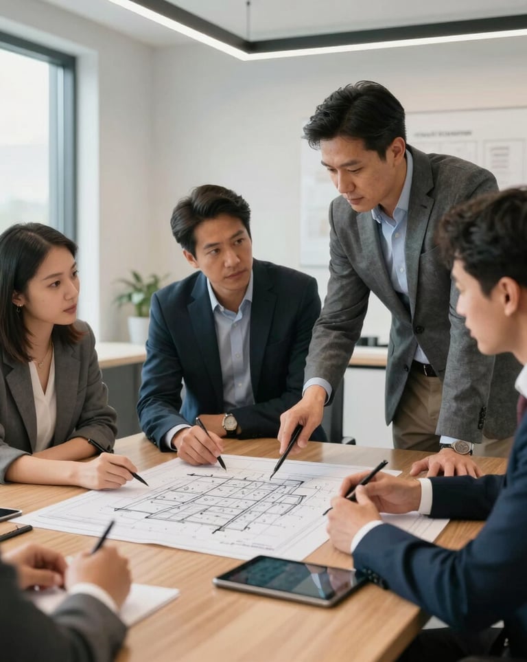 A professional interior photograph of a light-filled North American boardroom where real estate consultants are discussing strategy over property blueprints and digital tablets.