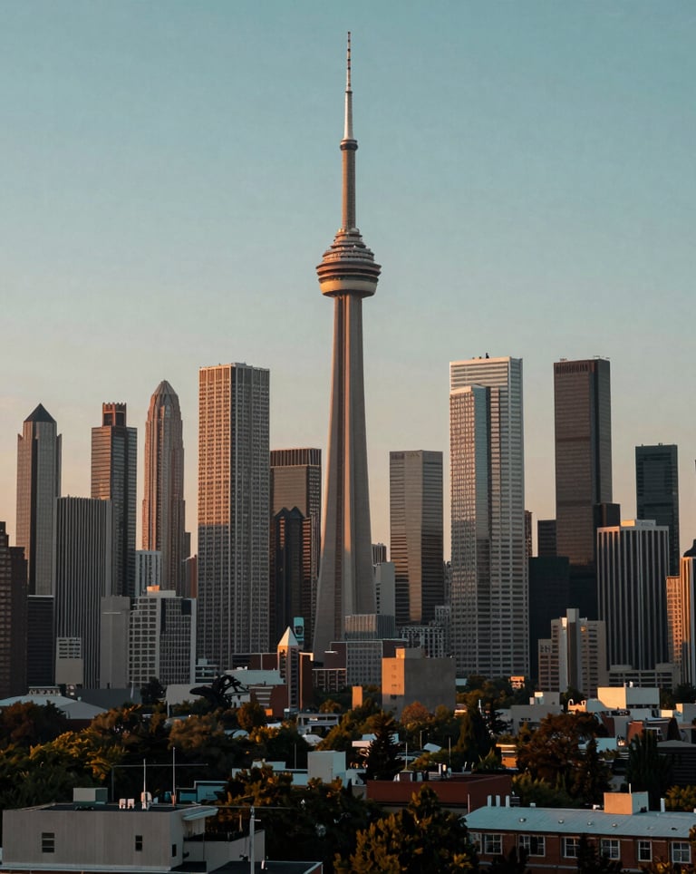 A wide shot of a modern city skyline at dawn, showcasing a range of iconic North American skyscrapers and development projects in muted teal and gold light.