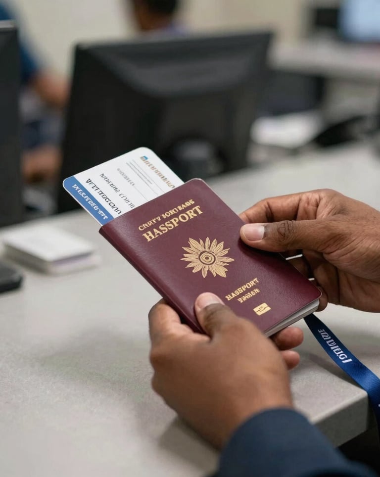 Close-up of a South Asian / Indian traveler's hands at a check-in desk, holding a passport and an airline boarding pass with a blue and white lanyard, professional lighting.