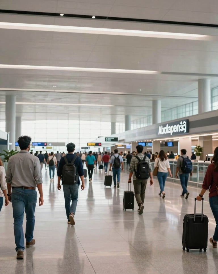 Wide shot of the sleek, modern interior of an international airport terminal in Mumbai, South Asian / Indian travelers moving through a bright and airy hall.