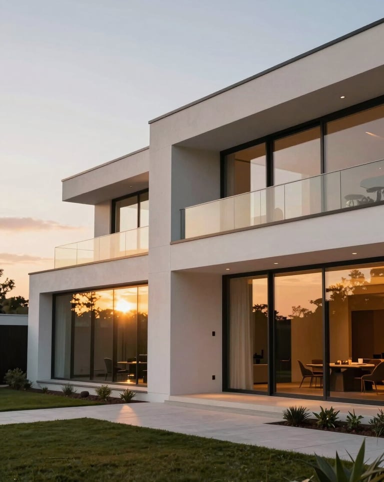 Exterior shot of a contemporary luxury mansion at sunset. The building features white walls and large glass surfaces. The lighting is warm and inviting.
