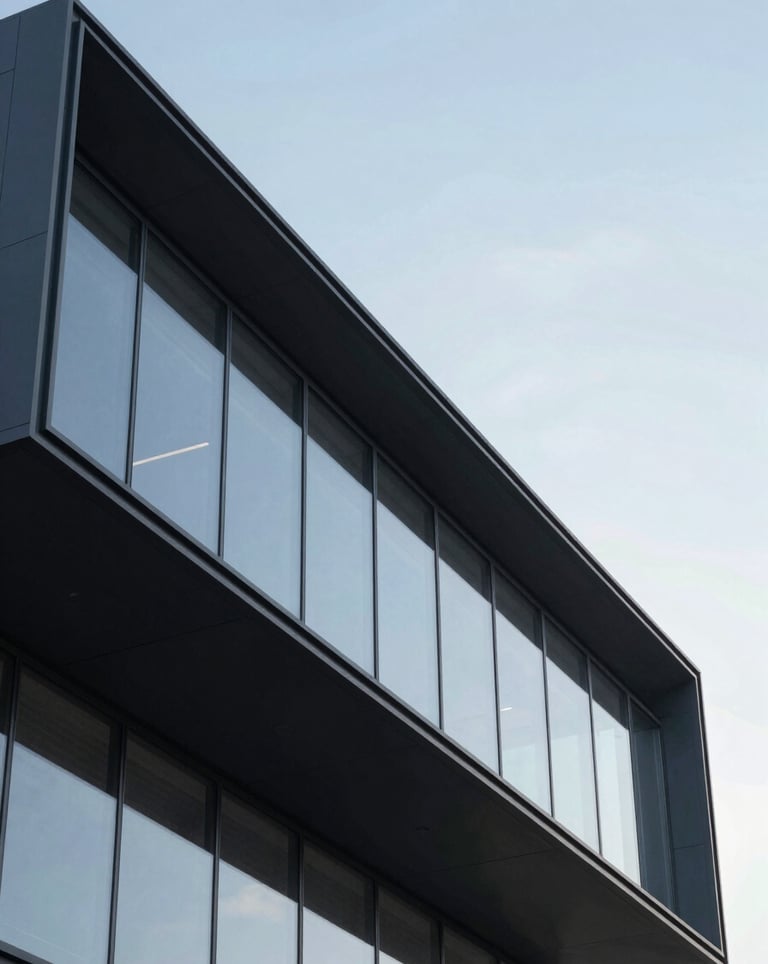 Detail of modern architectural facade with clean lines, large glass panels, and very dark charcoal metal accents against a clear sky.