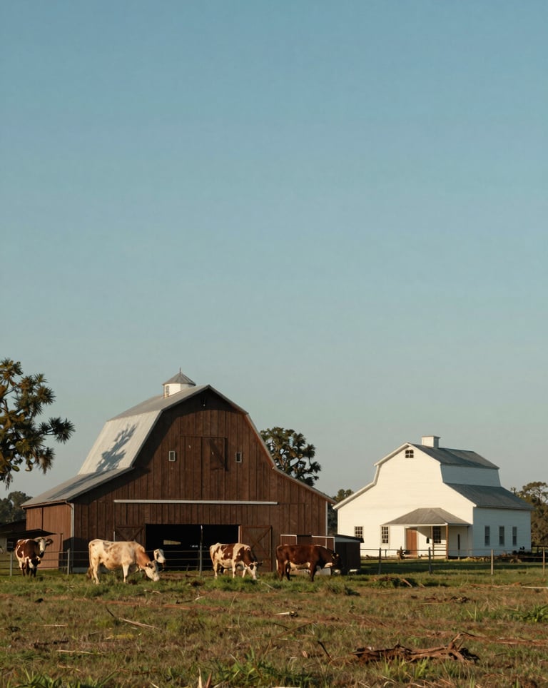 A picturesque landscape photography of a North Florida cattle farm. Features a rustic medium brown barn and a soft off-white farm house in a North American / US agricultural setting.