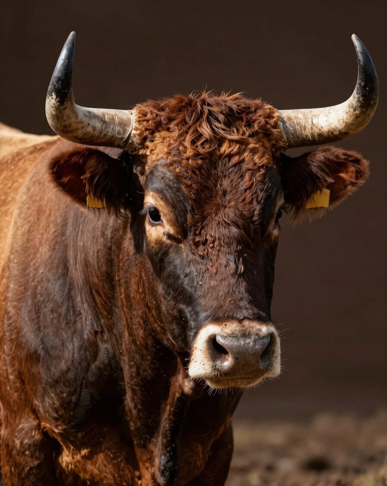 Close-up, detailed photography of a strong bull on a North American / US ranch. The lighting highlights the texture of the animal against a dark espresso background. Rustic and powerful.
