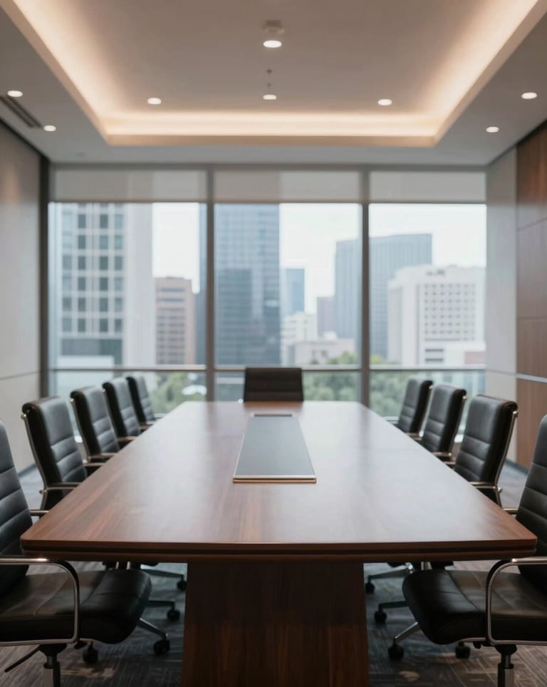 An elegant meeting room with a large wooden table and views of a modern cityscape. The lighting is bright and professional. The image conveys high-level financial decisions and institutional stability.