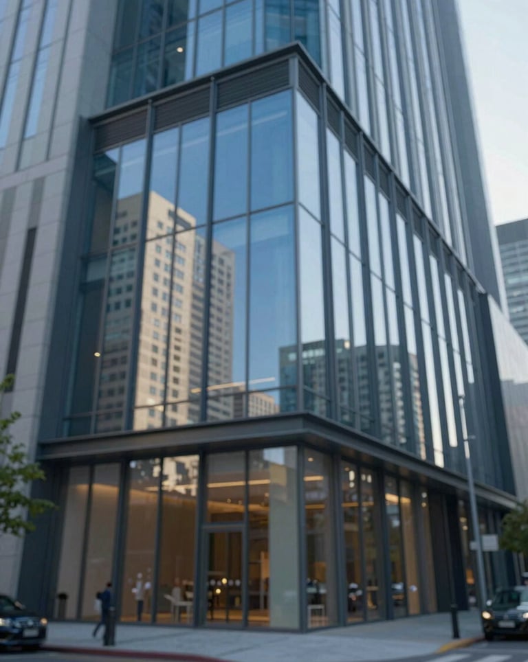 The facade of a luxury commercial building with glass and steel elements. Reflected in the glass are modern urban structures. The style is professional, using brand colors like deep blue and slate. Clean, wide-angle shot.