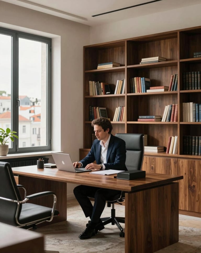 A professional real estate consultant in a modern, elegant office in Lisbon. The interior features deep walnut bookshelves and soft off-white walls. Large windows show a glimpse of the city. Southern European / Portuguese professionals at work.