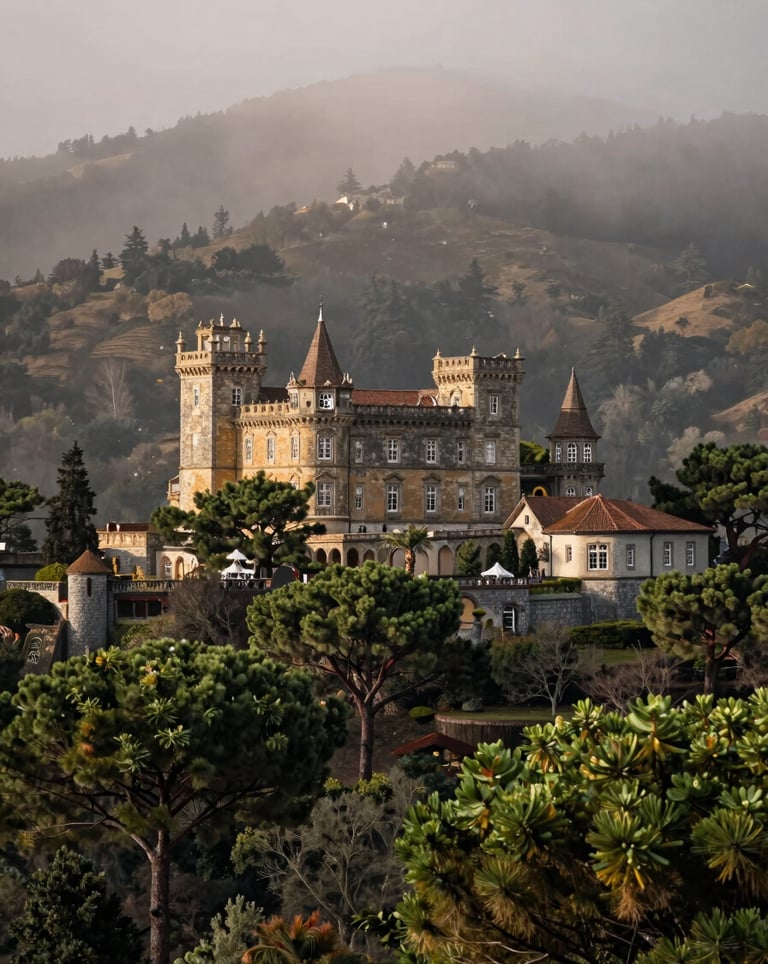 Wide landscape photography of the Sintra hills, showing a historic manor house nestled among green pines. The atmosphere is aspirational and misty, with soft lighting and a palette of muted bronze and deep walnut. Southern European / Portuguese setting.