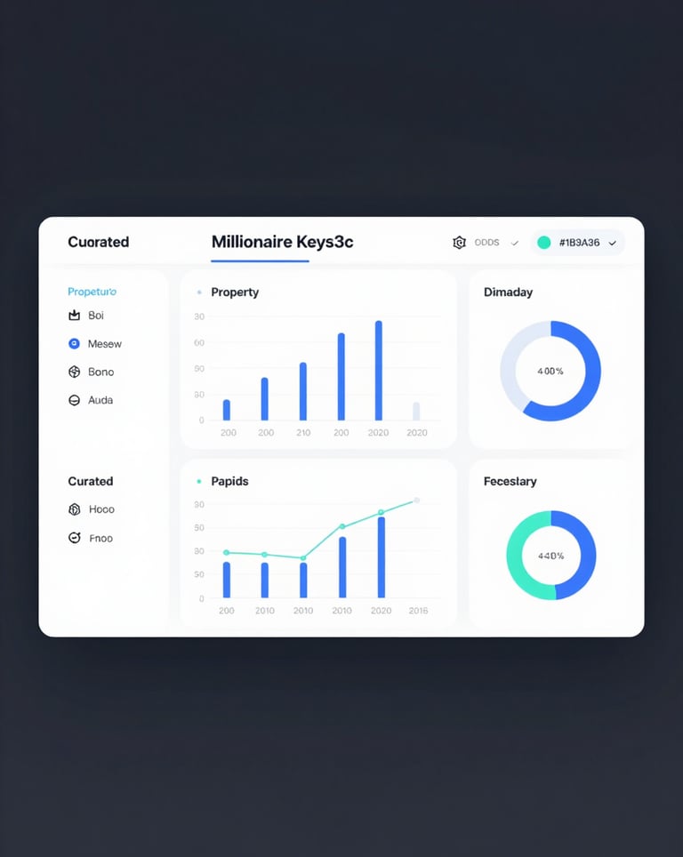A minimalist, dark tech-themed UI showing property ROI metrics and a curated 'Millionaire Keys' dashboard. Sophisticated aesthetic with #1B3A36 background.