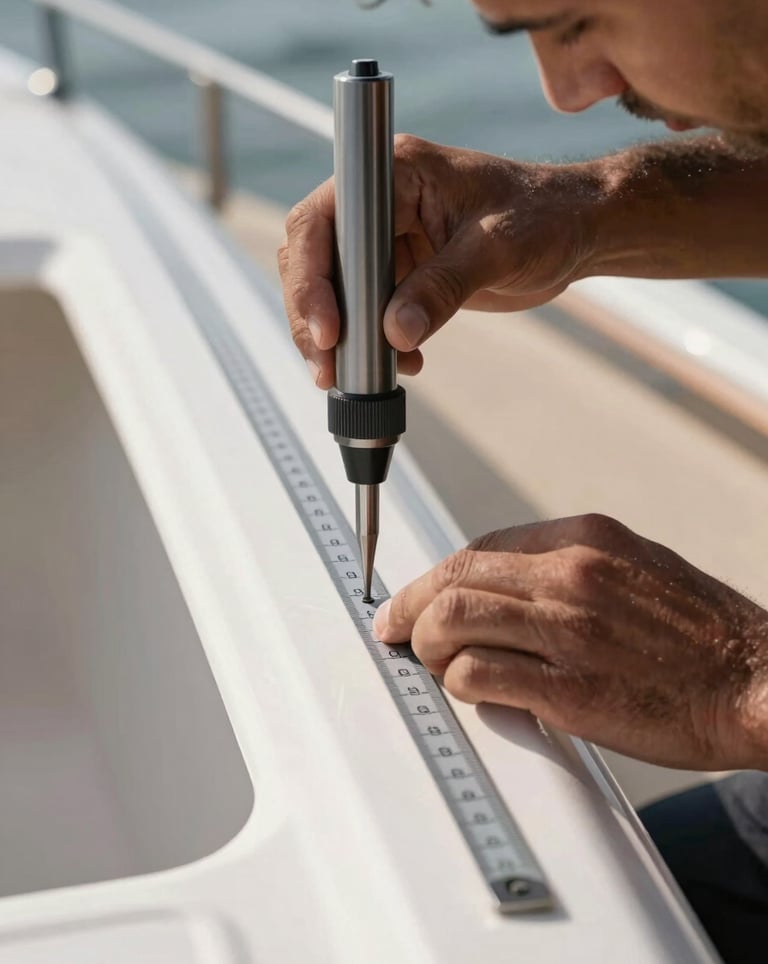 A precision tool being used by a skilled craftsman to measure the alignment on a yacht's fiberglass structure, emphasizing meticulous precision and care.