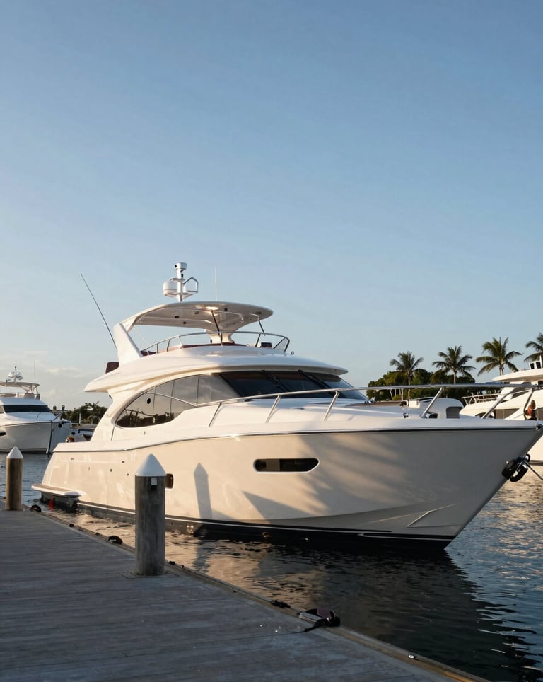 Side profile of a luxury sport-fishing yacht docked at a premium Florida marina, silver accents catching the morning sun, clean and professional composition.