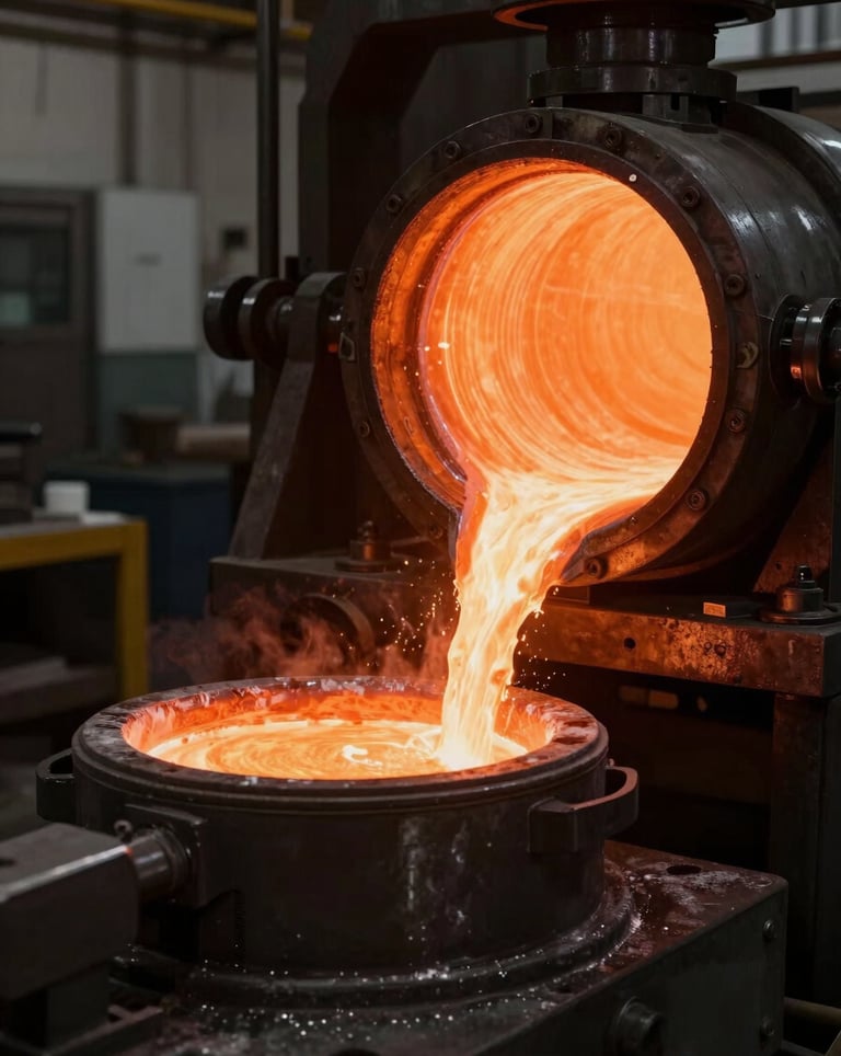 Photography of the casting process, showing molten metal glow in a professional industrial workshop setting in Spain. Intense orange light against charcoal shadows.