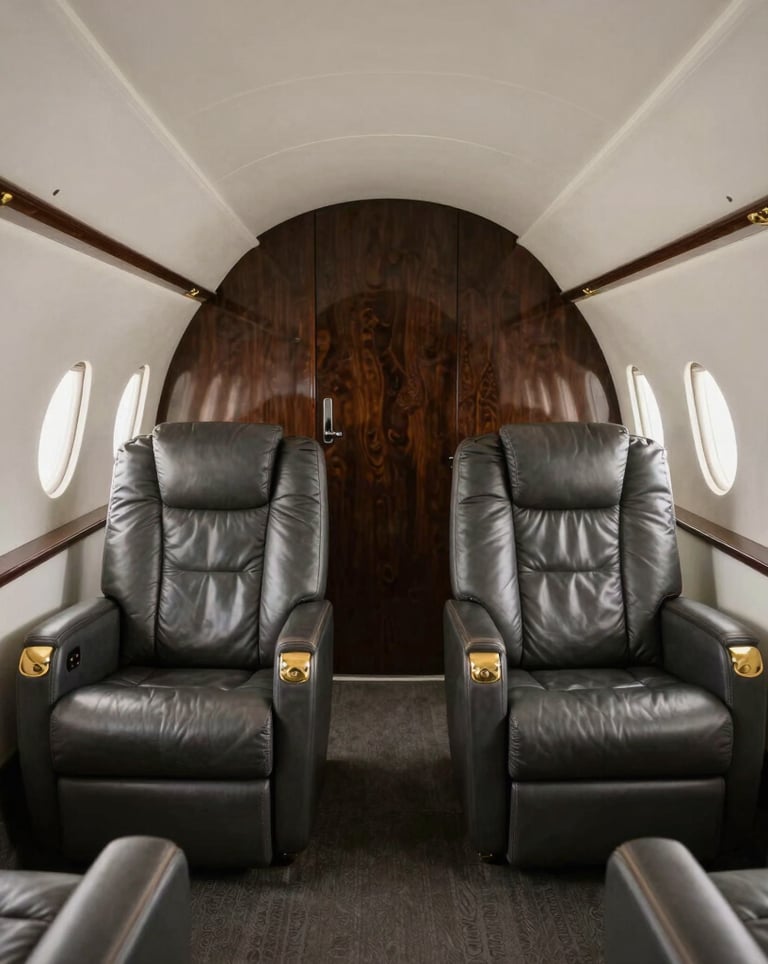 A professional and minimal interior of a private jet cabin, featuring charcoal leather seating and antique gold finishes. European / British luxury travel context.