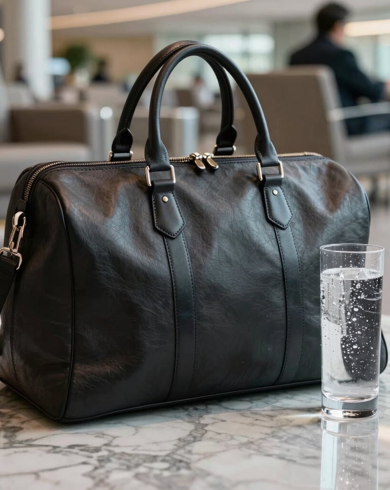 A high-end leather weekender bag resting on a marble floor next to a tall glass of sparkling water in a luxury airport lounge. Refined and quiet atmosphere.