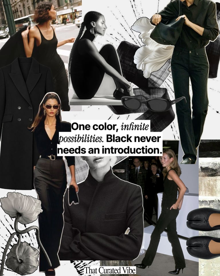 All black outfit inspiration collage featuring trousers, structured tops, and minimalist accessories
