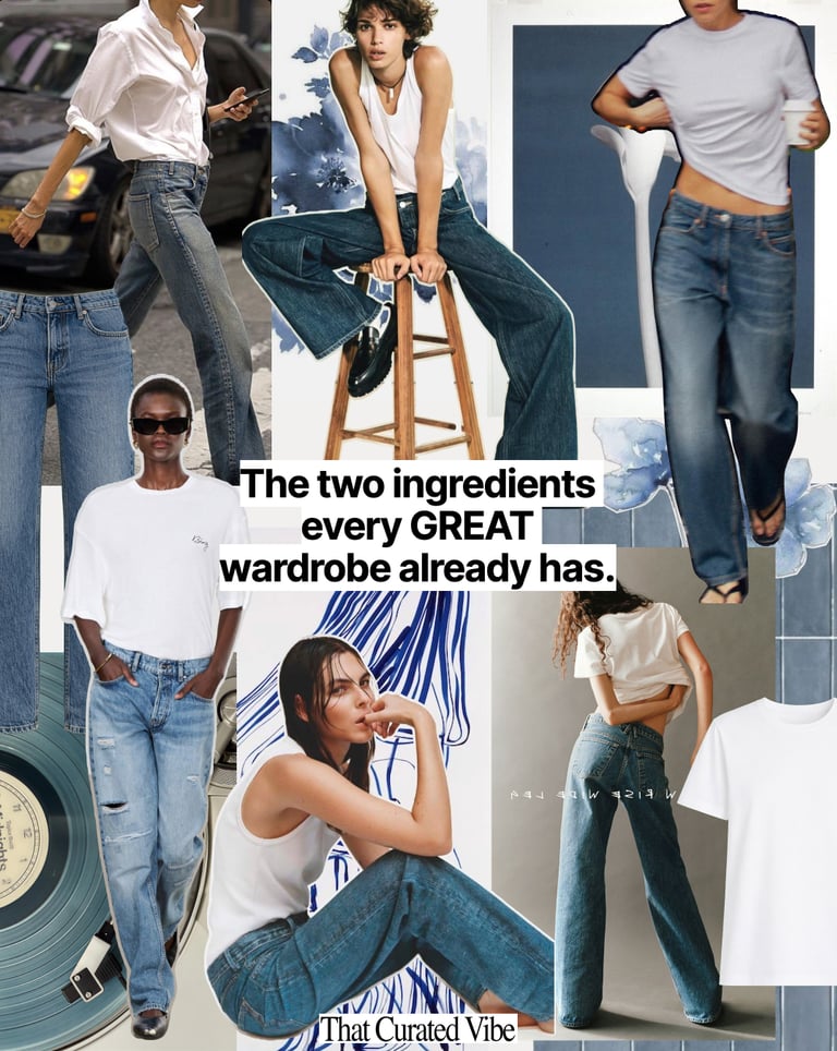 Denim and white outfit inspiration collage featuring classic jeans and white tops,Parisian aesthetic
