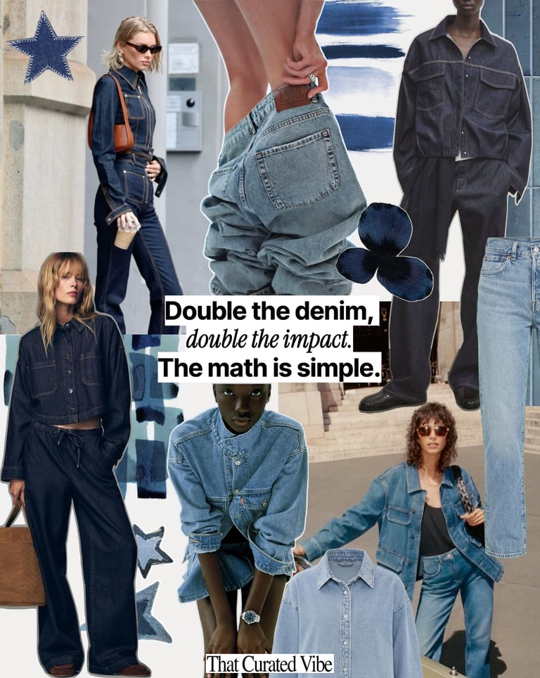 Denim on denim outfit inspiration collage featuring layered denim pieces in different washes
