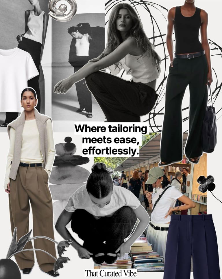 Tailored trousers and basic t-shirt outfit inspiration collage mixing structured and relaxed pieces