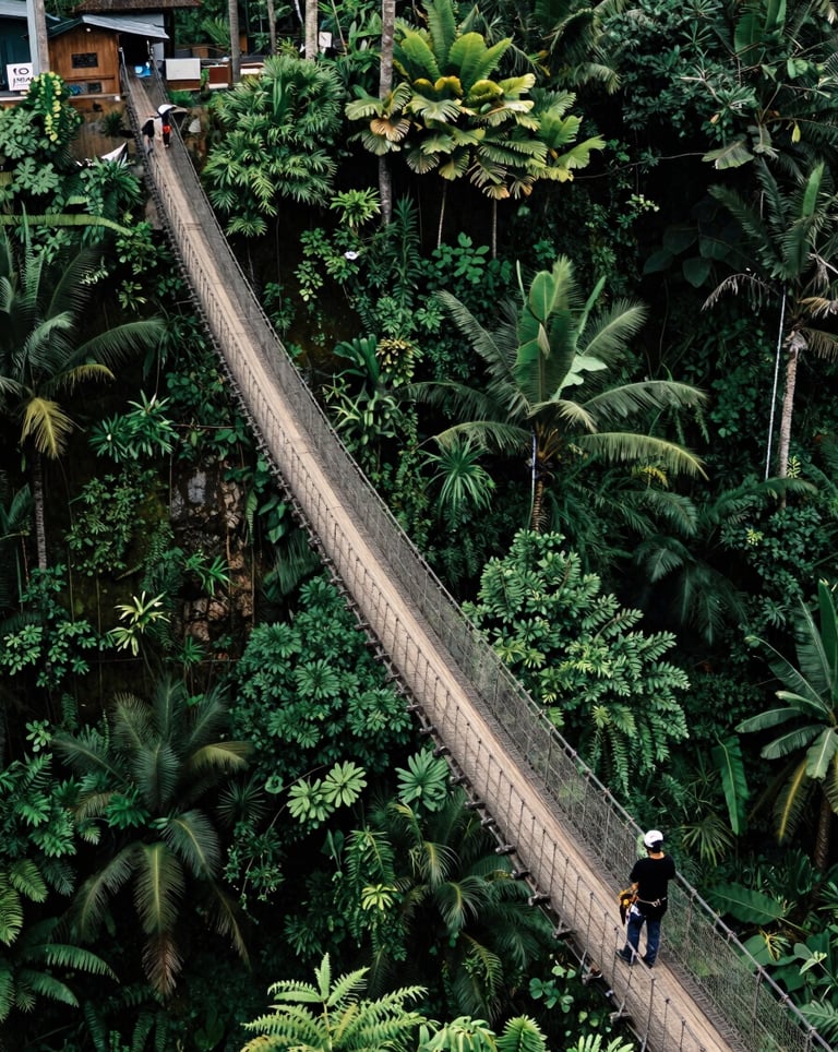 The impressive suspension bridge in Sukabumi, stretching over a deep forest green valley with lush tropical vegetation, adventure seekers in Southeast Asian / Indonesian attire crossing the bridge.