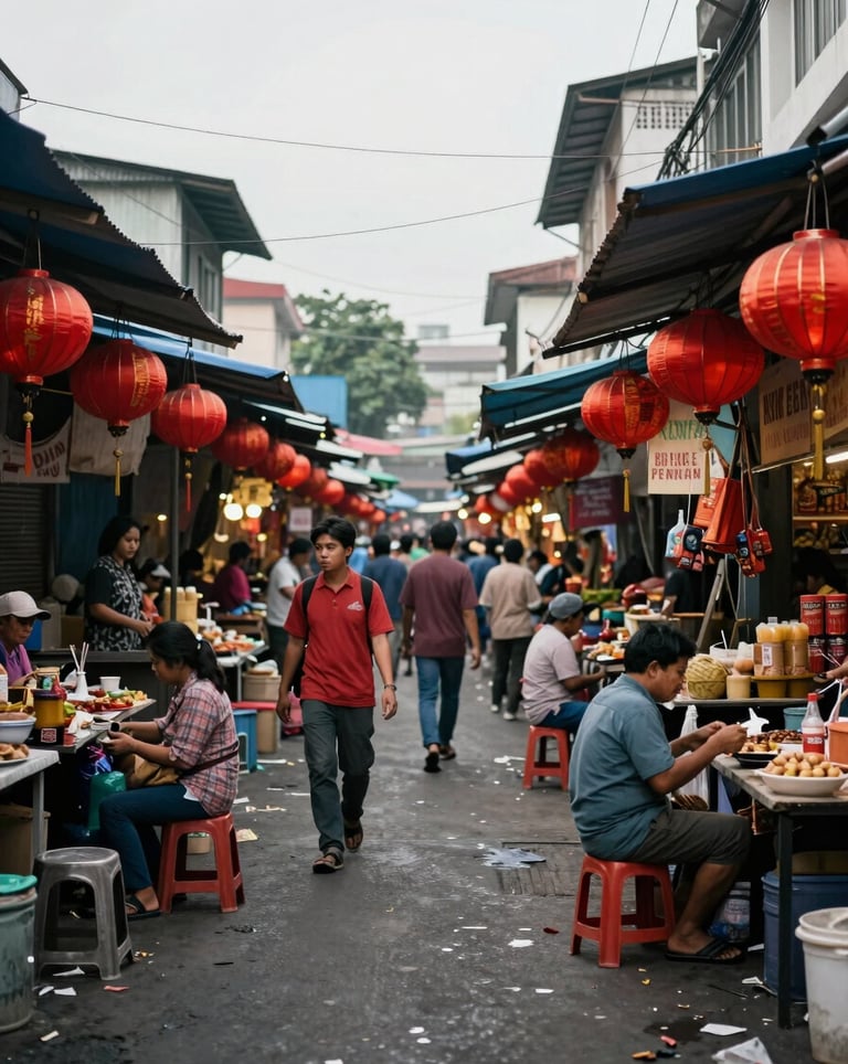 Street photography of the bustling Glodok-Pecinan market in Jakarta, featuring traditional red lanterns and local vendors in a vibrant Southeast Asian / Indonesian urban environment.