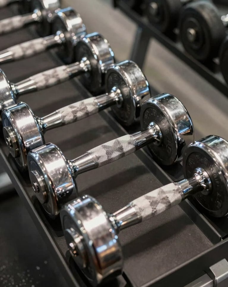 A minimalist, artistic photograph of professional steel dumbbells and chrome weights arranged neatly on a dark rack in a high-end North American / US fitness boutique. The focus is sharp, emphasizing premium quality and discipline.