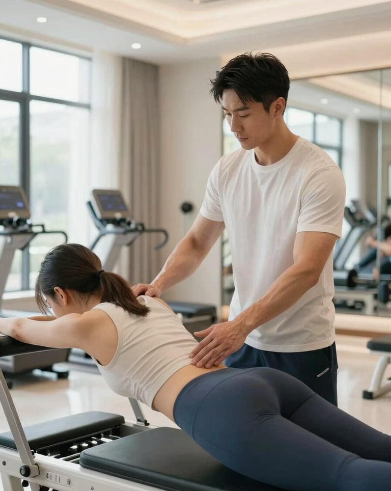 A professional portrait of a fitness expert coaching a client on form in a luxury gym environment. The setting is bright and clean with Off White and Pacific Blue accents, reflecting a premium North American / US service style.