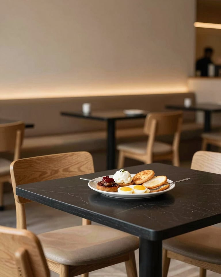 A cozy, Scandinavian-style restaurant in a high-end Dubai district. Minimalist wooden furniture and warm beige lighting with a plate of gourmet breakfast food on a deep black table. Middle Eastern / Gulf.