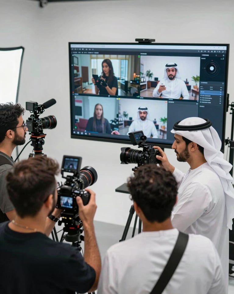 Behind-the-scenes photography of an agency team in a high-tech Dubai studio planning social media content. They are reviewing professional camera footage on large screens. Middle Eastern / Gulf.
