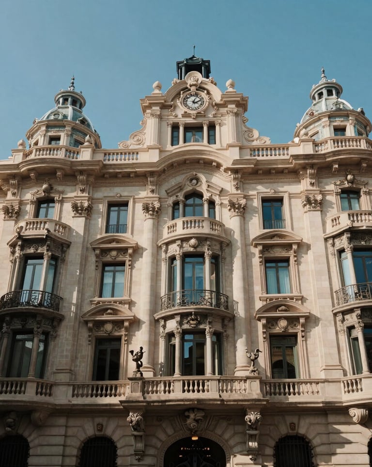 The historic facade of a classic building on Paseo de Gràcia in Barcelona, reflecting elegance and architectural sophistication under a clear blue sky.