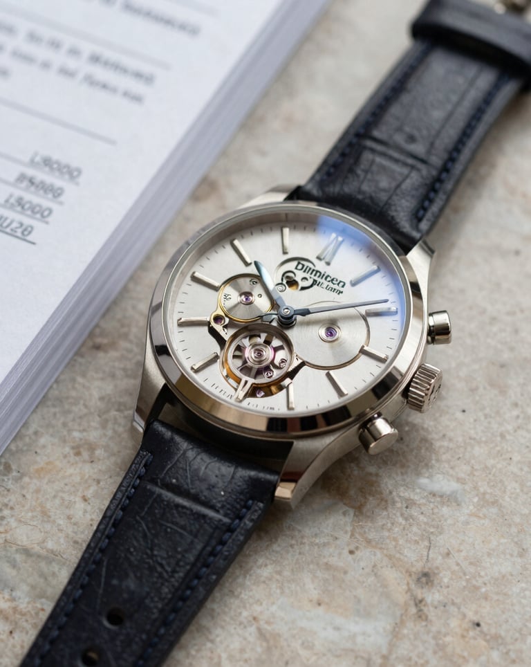 Close-up of a luxury mechanical watch and a stack of financial documents on a stone-colored marble surface in soft lighting.
