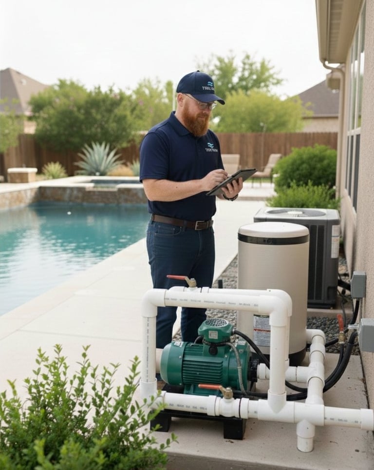 Pool technician performing an electrical check during a professional pool inspection in Austin, Texas.