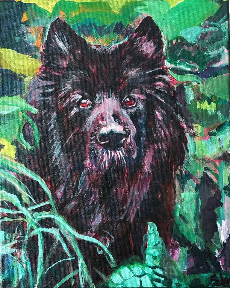 a painting of a black dog in a  green field