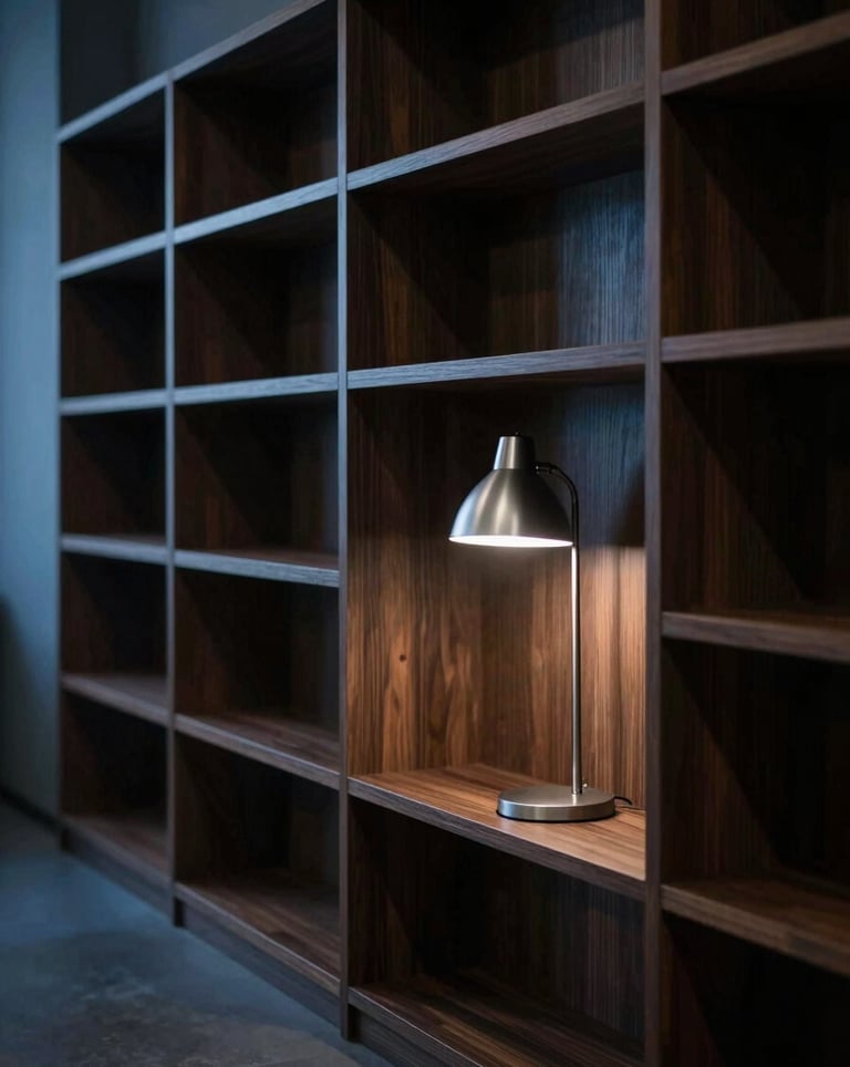 Interior of a modern, minimalist library with dark oak shelves and a single silver reading lamp. Moody lighting, deep blue shadows, and a sense of quiet power and discipline.