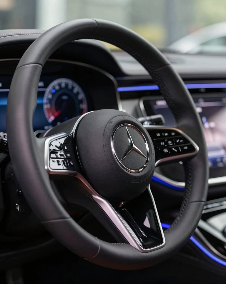 Close-up view of a luxury car interior, focusing on the leather steering wheel and digital dashboard with blue ambient lighting, high-end feel.
