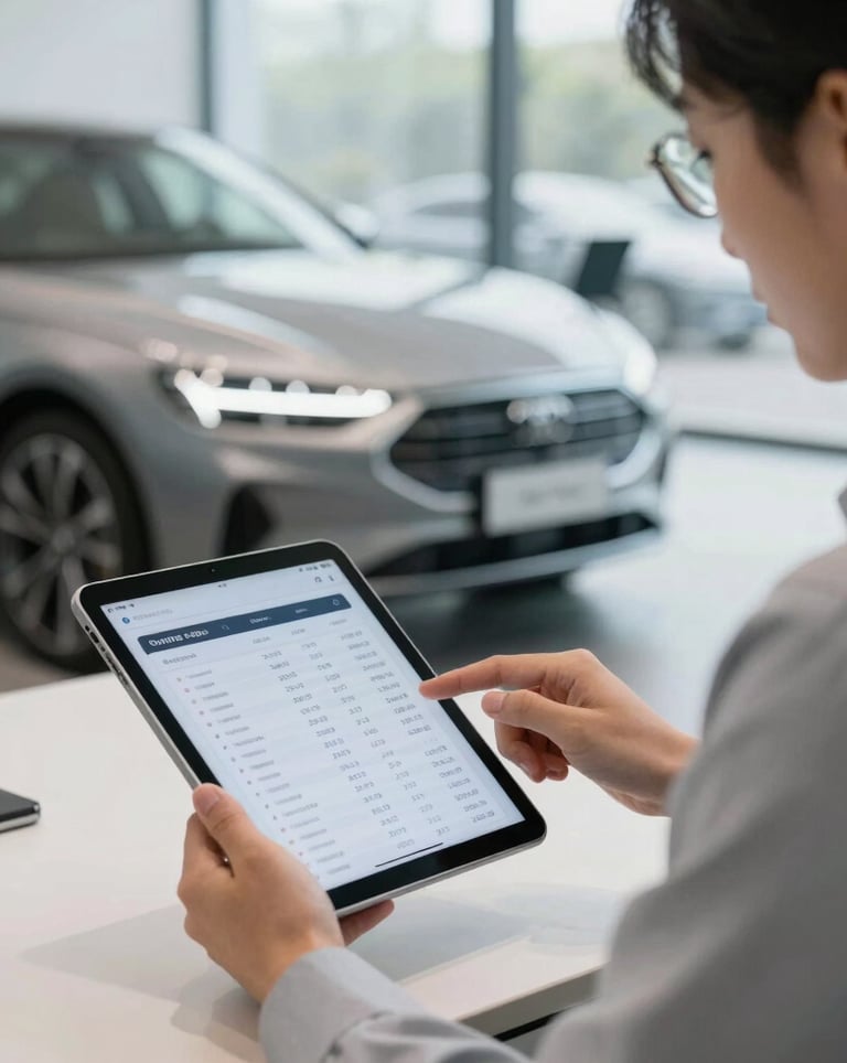 A professional consultant using a tablet in a modern office, showing car specifications and prices to a client, blurred luxury car in the background.
