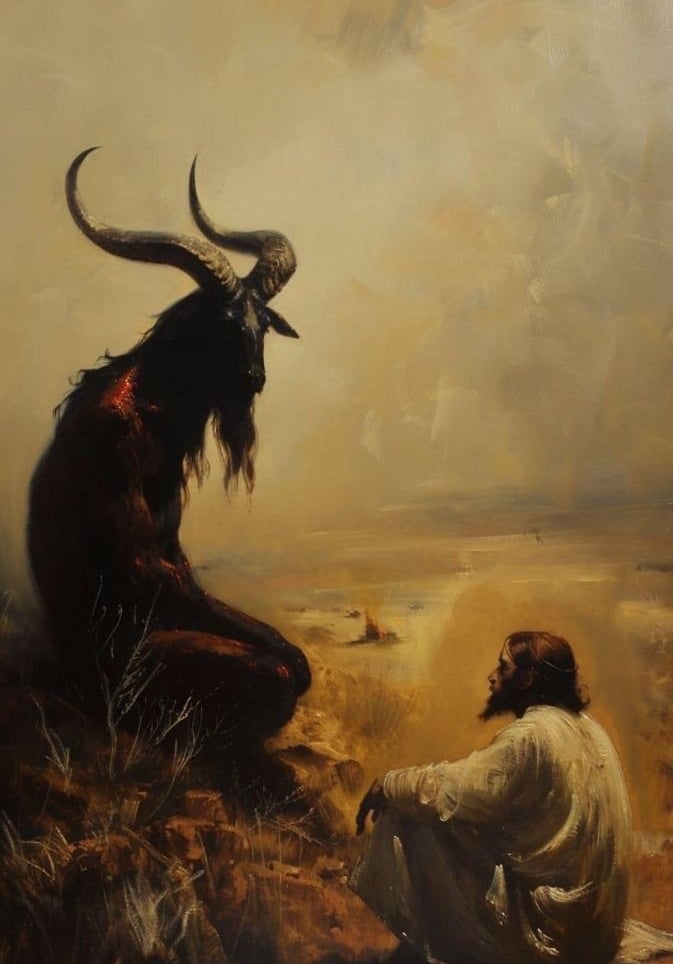 painting of Jesus' 40 days in the desert with Satan in goat form 