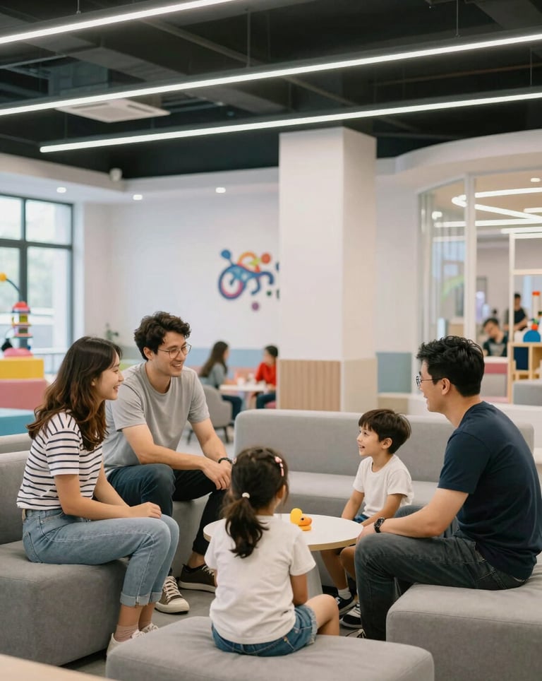Parents watching their children play happily from a modern, comfortable lounge area within a bright, clean indoor amusement park, Southeast European / Bulgarian context.