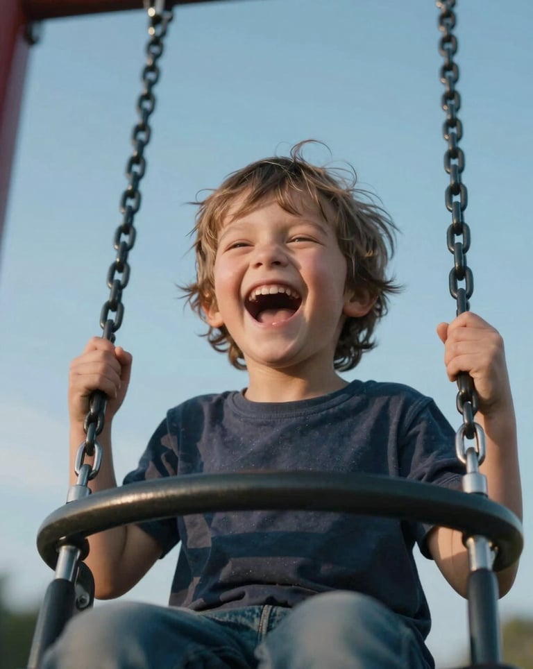 Close-up of a joyful, laughing child on a modern playground swing against a clear sky blue background, professional photography with soft focus, Southeast European.