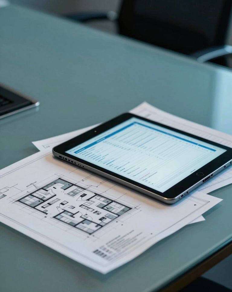 A close-up photograph of a professional meeting table in a South American / Brazilian office, with technical blueprints and a tablet showing real estate data, lit with Slate Teal and Deep Midnight Blue office lighting.
