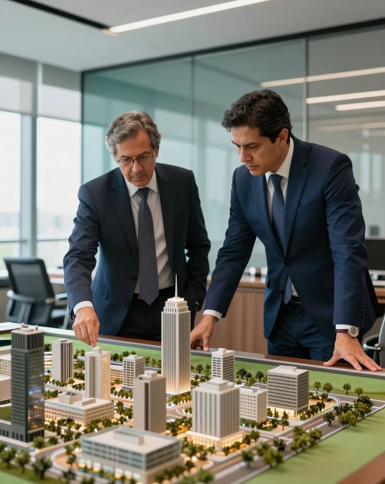 A professional wide photograph of two South American / Brazilian executives in a modern boardroom looking over an architectural model of a large city area, sophisticated atmosphere, Deep Midnight Blue and Slate Teal palette.